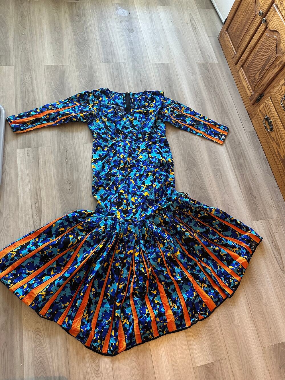 Handmade African Ankara Wax Print Camo Mermaid Maxi Dress Orange Blue Large